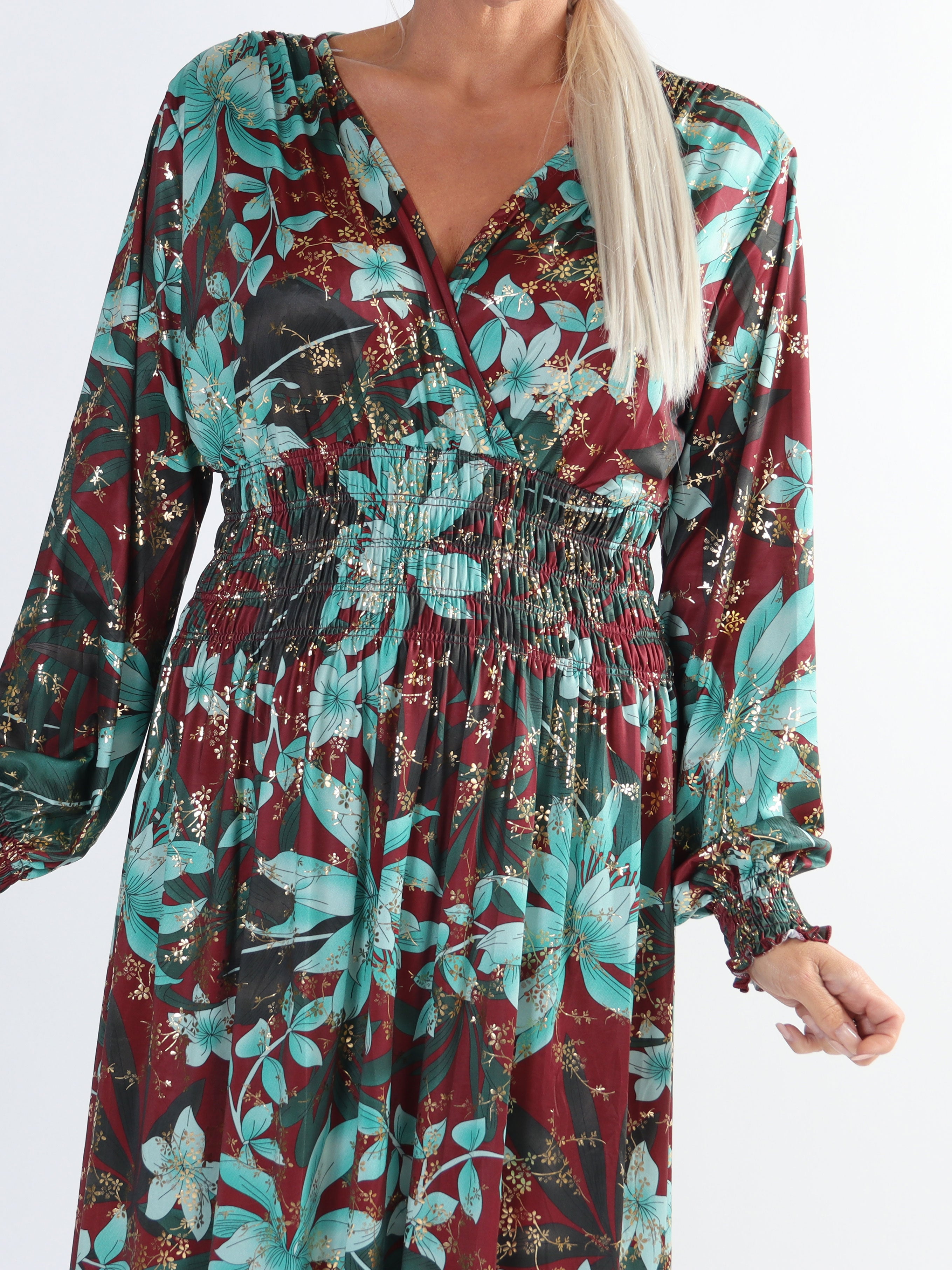 Pams Midi L/S - Plus size elastisk kjole i krølfrit stof med lange ærmer